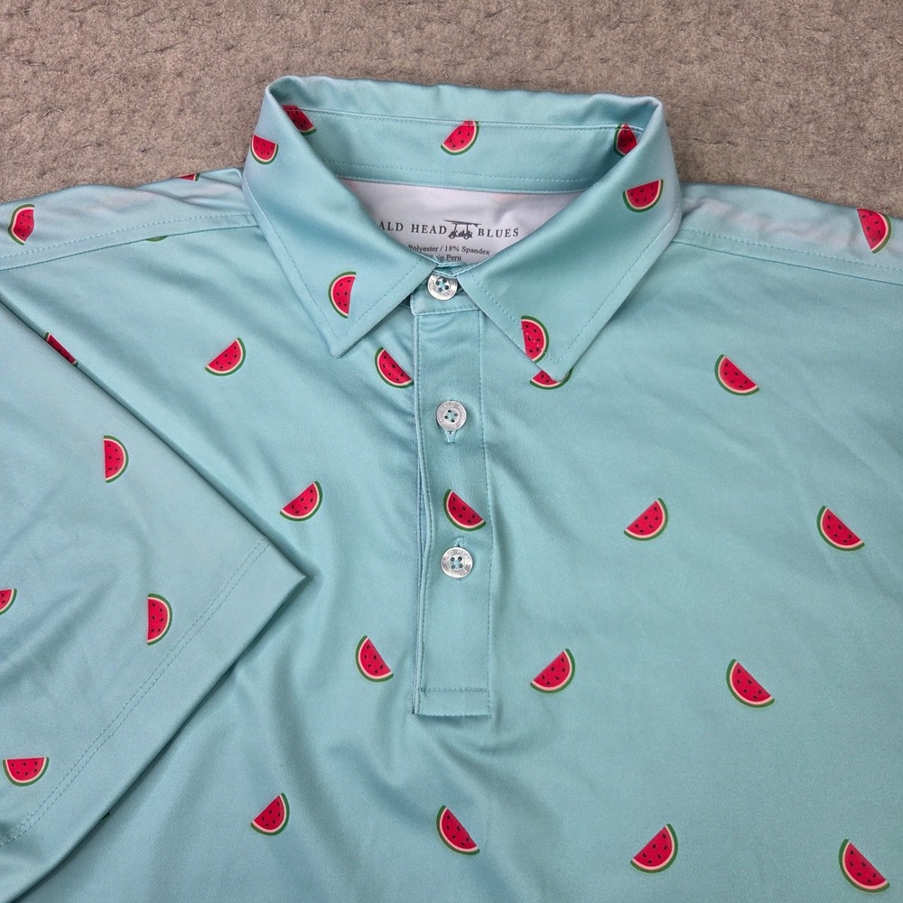 Bald Head Blues Watermelon Allover Golf Polo Shirt Mens M Blue Short Sleeve